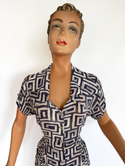 1940s/50s Geometric Print Translucent Dress | M