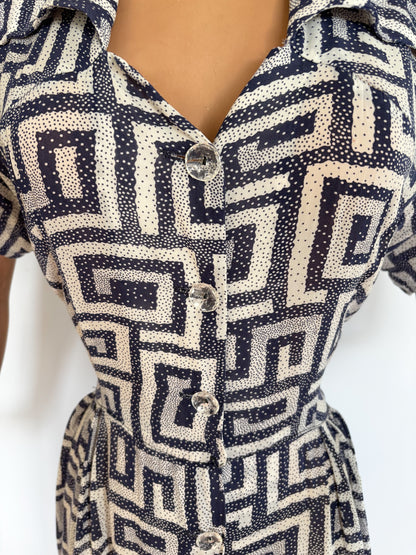 1940s/50s Geometric Print Translucent Dress | M