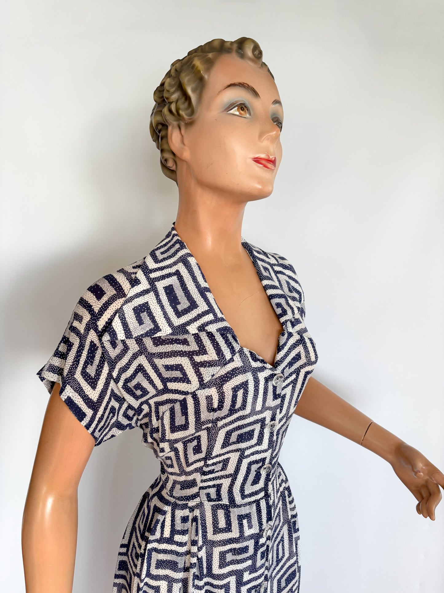 1940s/50s Geometric Print Translucent Dress | M