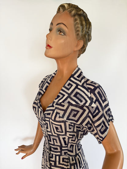 1940s/50s Geometric Print Translucent Dress | M