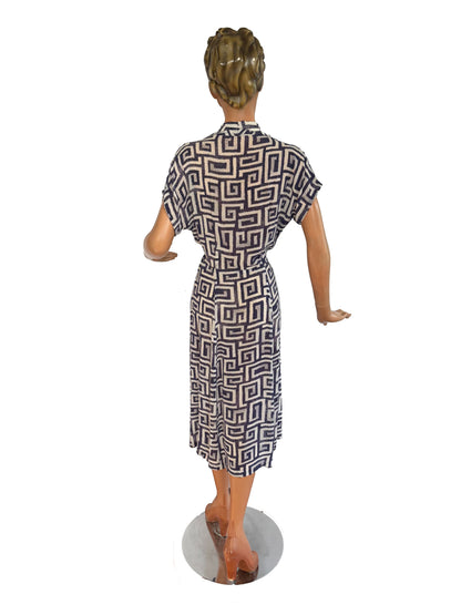 1940s/50s Geometric Print Translucent Dress | M