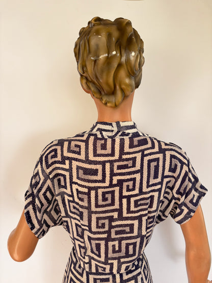 1940s/50s Geometric Print Translucent Dress | M