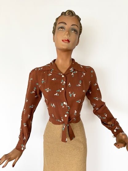 1940s/50s Style Blouse Vintage Novelty Print Fabric | S/M