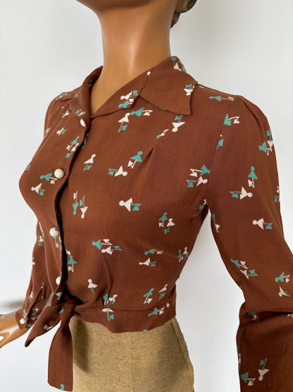 1940s/50s Style Blouse Vintage Novelty Print Fabric | S/M