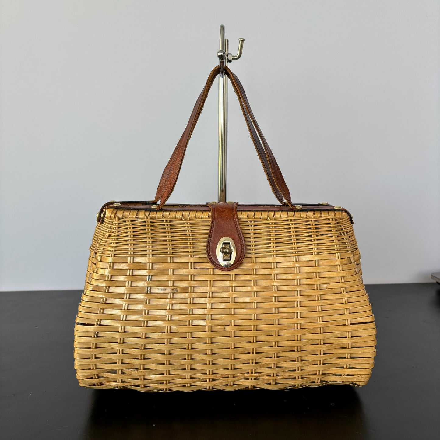 1950s/60s Plastic Wicker and Leather Handbag