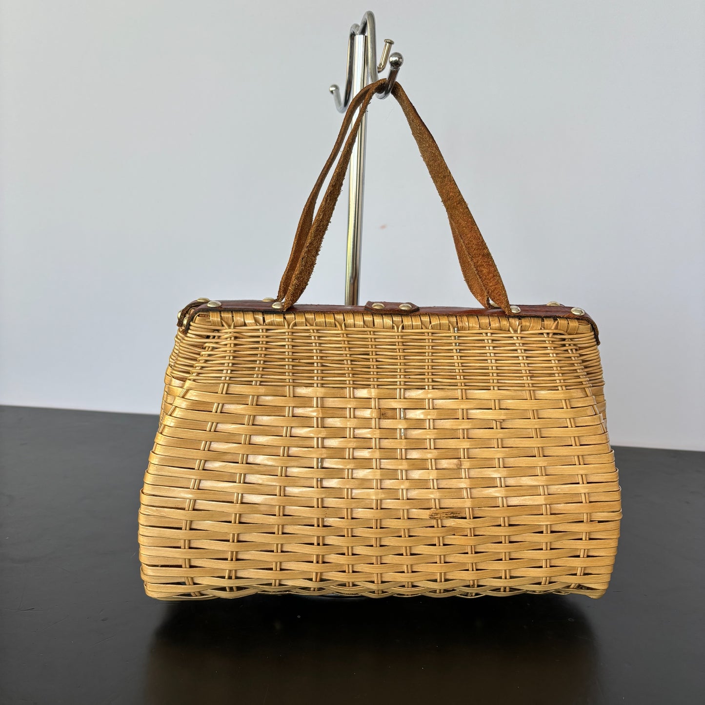 1950s/60s Plastic Wicker and Leather Handbag