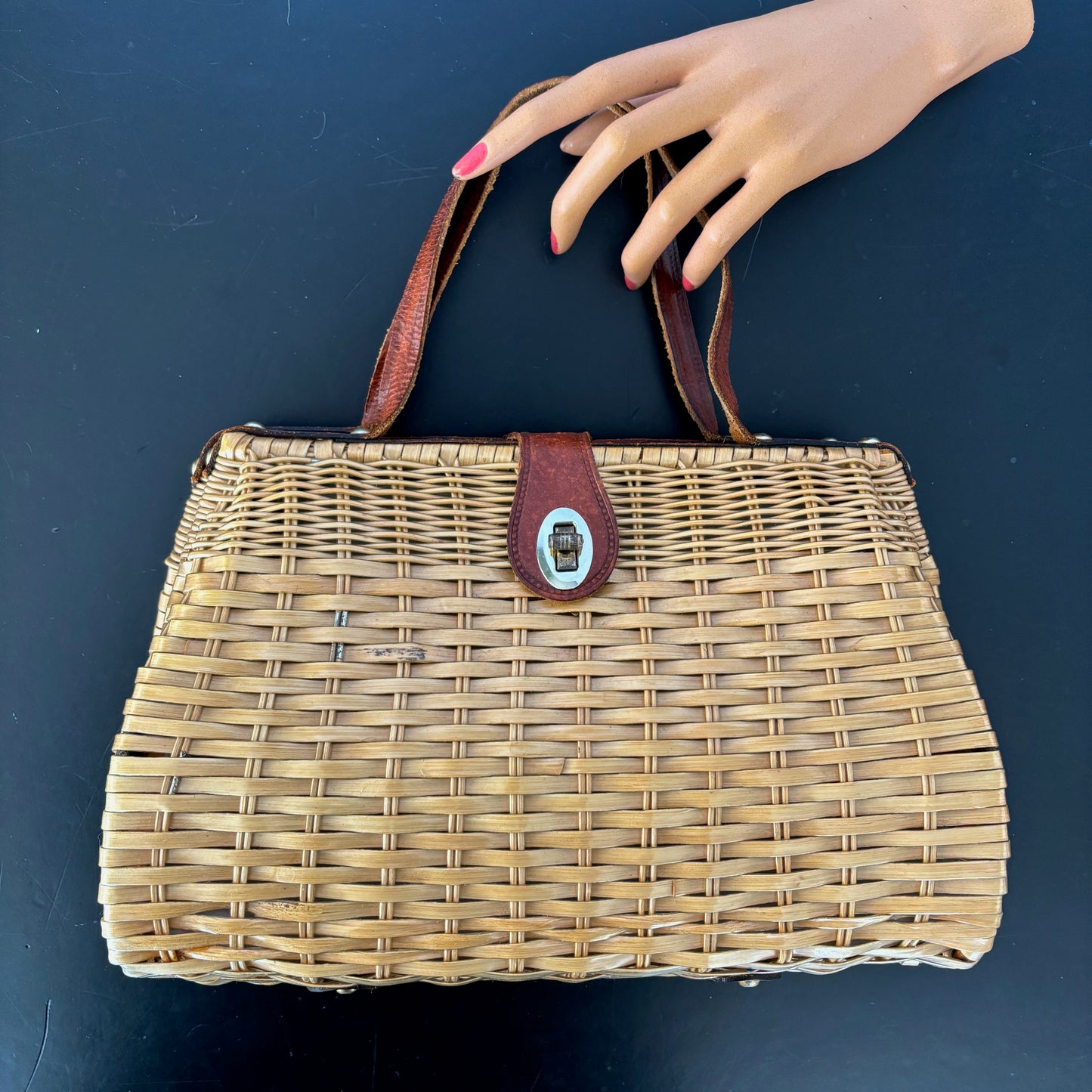 1950s/60s Plastic Wicker and Leather Handbag