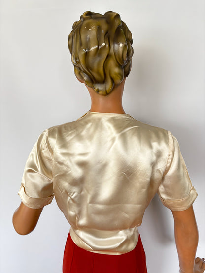 1930s Champagne Liquid Satin Blouse | M/L