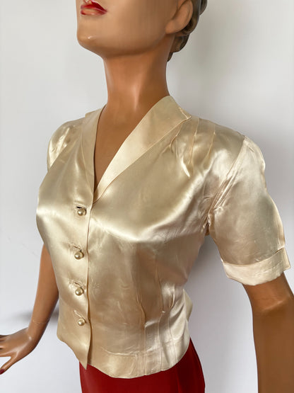 1930s Champagne Liquid Satin Blouse | M/L