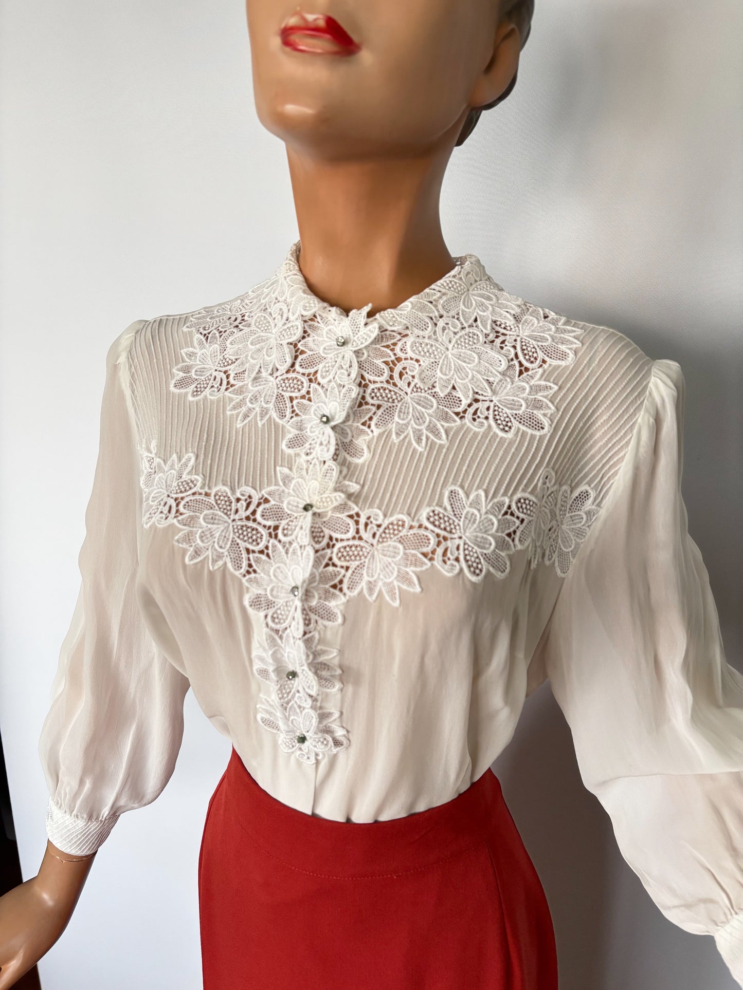 1930s/40s Organza Lace Flowers Blouse | L/XL