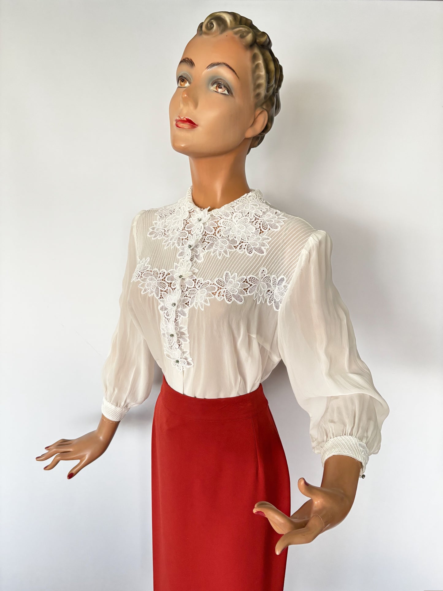 1930s/40s Organza Lace Flowers Blouse | L/XL