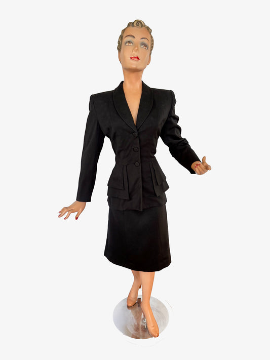 1940s Black Gabardine Suit | Jacket S, Skirt XS/S