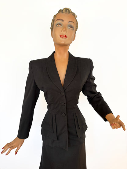 1940s Black Gabardine Suit | Jacket S, Skirt XS/S