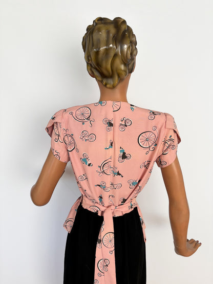 1940s Style Dress Vintage Nostalgic Bikes Novelty Print Fabric | M