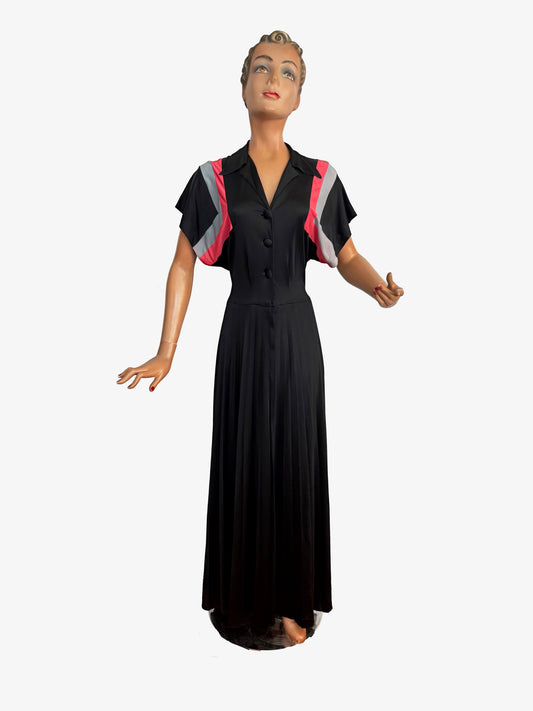 1940s Delro Floor Length Block Dress | M/L