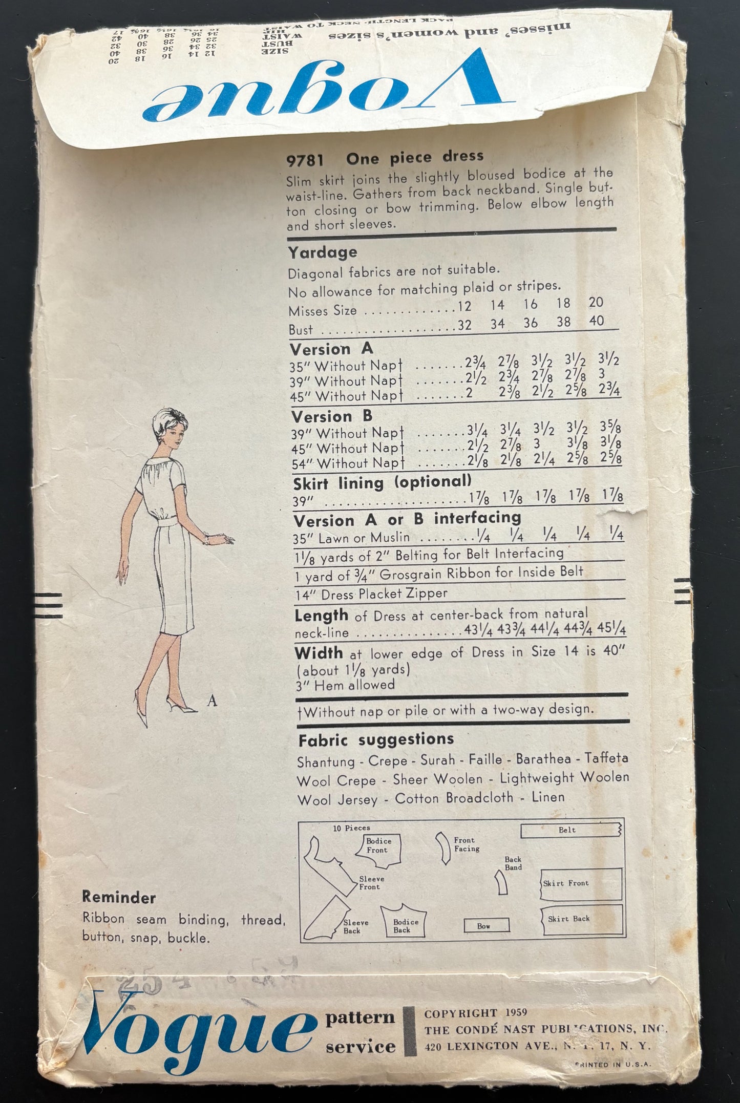 1959 Vogue 9781 One Piece Dress Sewing Pattern - Size 18