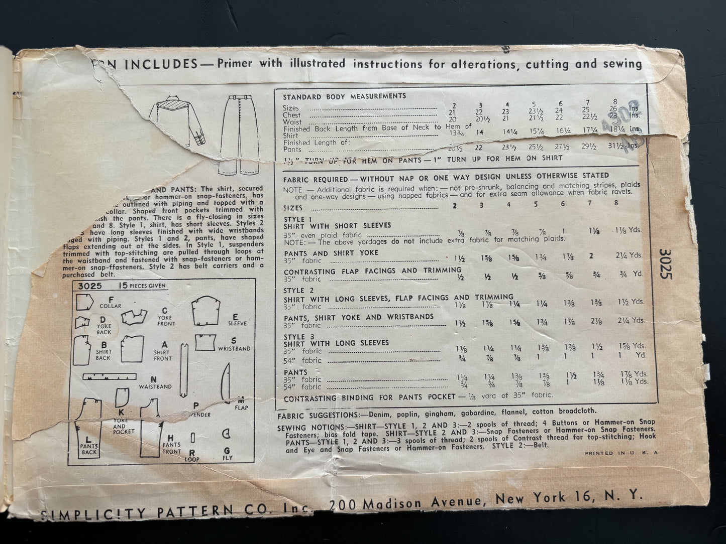 1949 Simplicity 3025 Sewing Pattern Boys' Western Shirt and Pants - Size 3