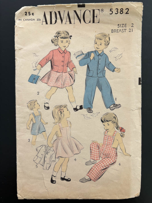 1950s Advance 5382 Sewing Pattern Toddlers Jacket Jumper Overalls - Size 2