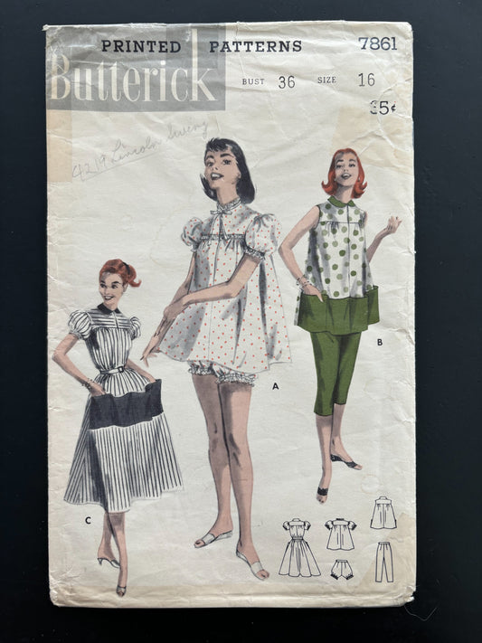 1956 Butterick 7861 Sewing Pattern Jr. Miss & Misses' Lingerie and Loungers - Size 16