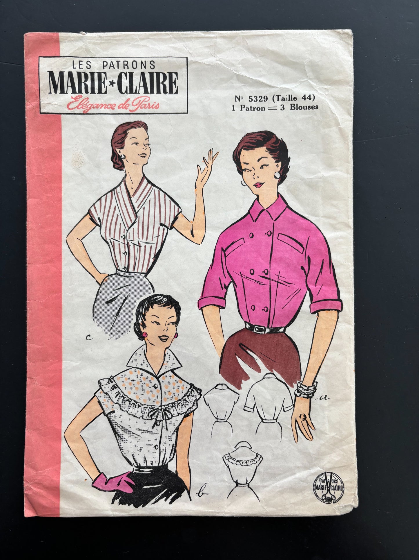 1950s Marie Claire 5329 Sewing Pattern 3 Blouses, in French - Waist 72 cm