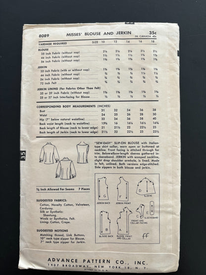 1956 Advance 8089 Sew Easy Sewing Pattern Misses' Blouse and Jerkin - Size 18