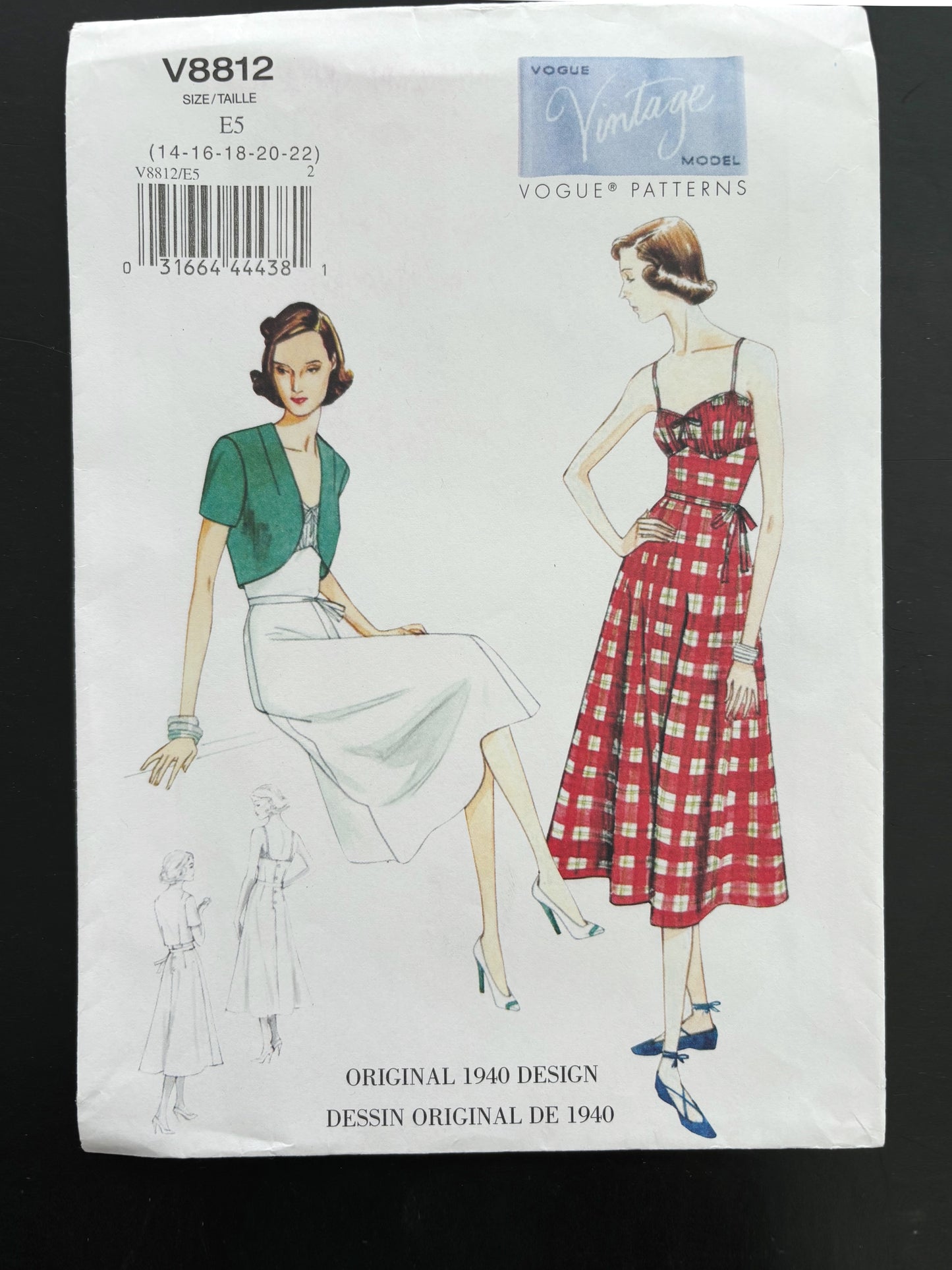 1940s Vogue Vintage Model V8812 Sewing Pattern Misses' Dress, Belt and Bolero - Sizes 14 - 22