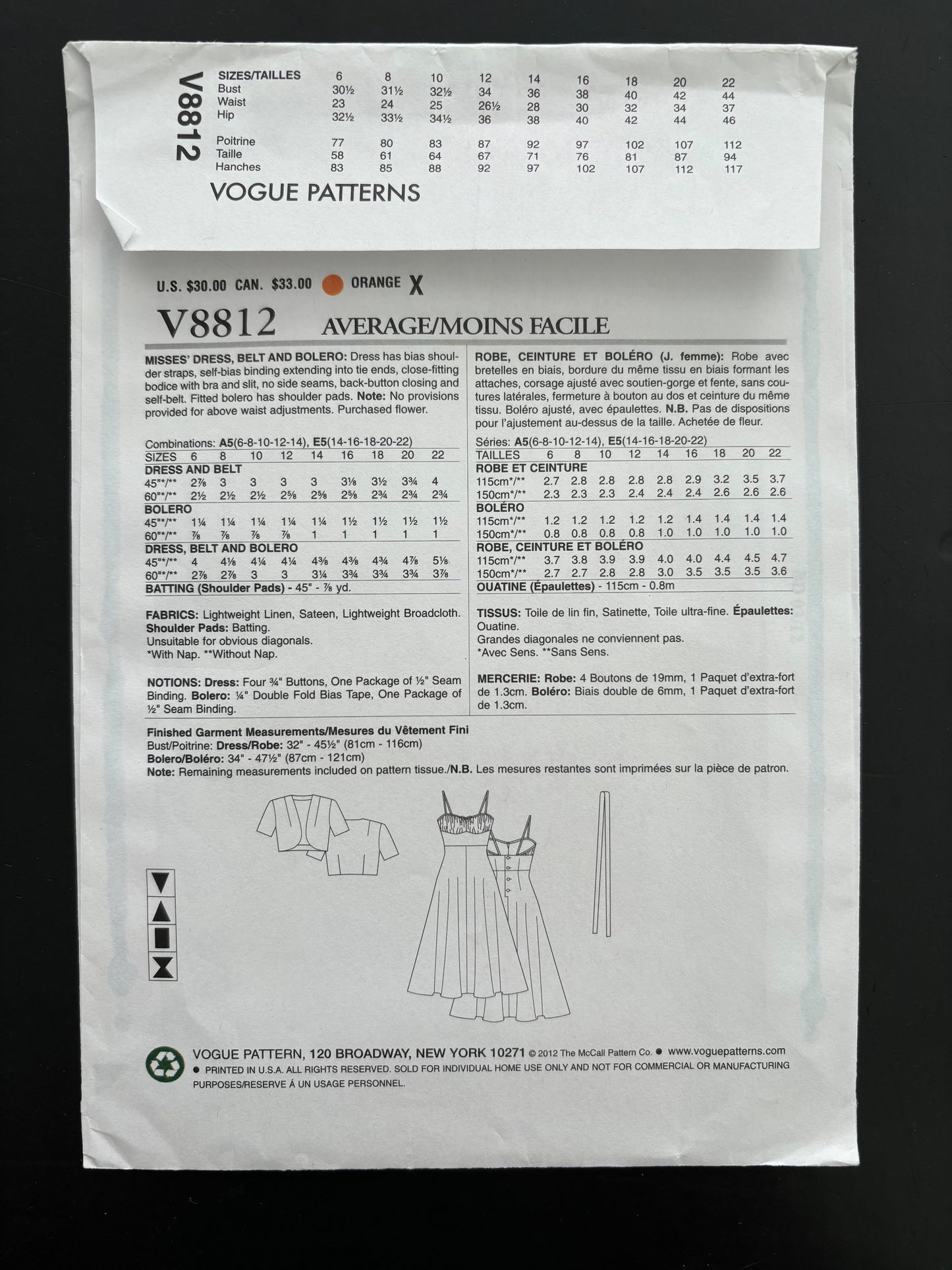 1940s Vogue Vintage Model V8812 Sewing Pattern Misses' Dress, Belt and Bolero - Sizes 14 - 22