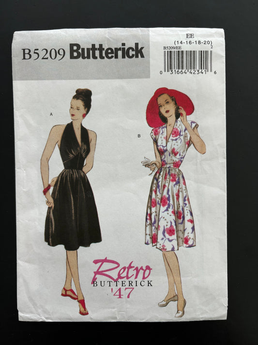 1947 Retro Butterick B5209 Sewing Pattern Misses' Dress, Halter or Cap Sleeve Dress - Sizes 14 - 20