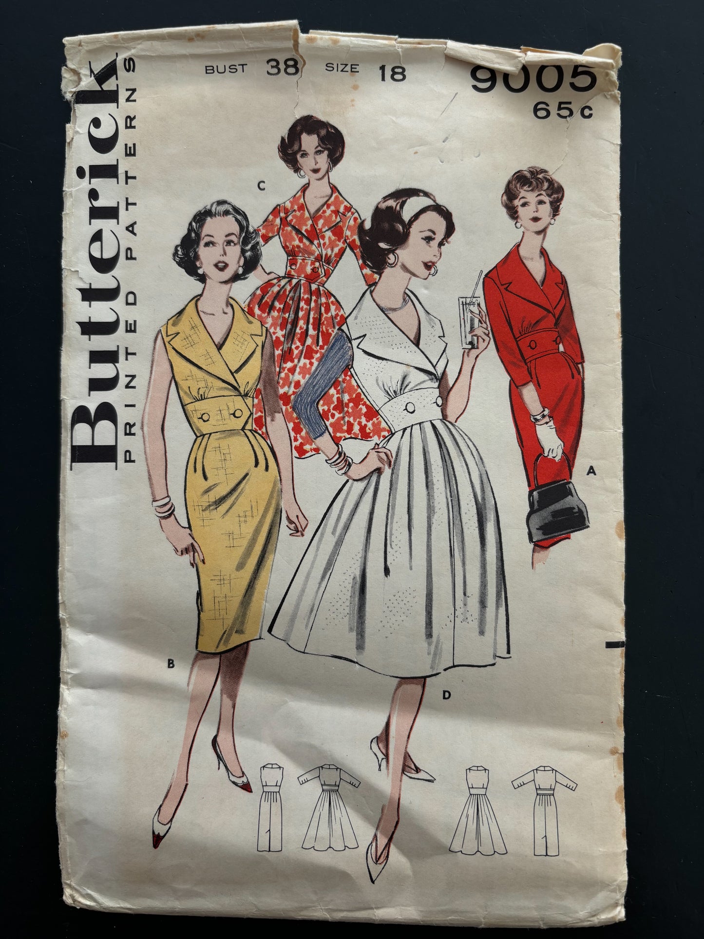 1950s Butterick 9005 Sewing Pattern Misses Surplice Midriff Sheath or Full Skirt Dress  - Size 18