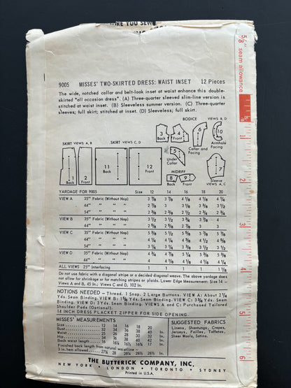 1950s Butterick 9005 Sewing Pattern Misses Surplice Midriff Sheath or Full Skirt Dress  - Size 18