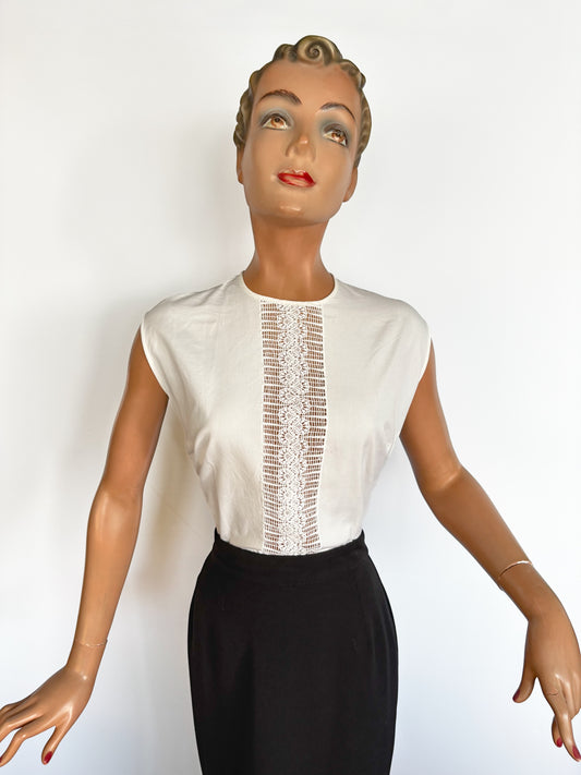 1950s/60s Schuco White Cotton Openwork Blouse | XL/XXL