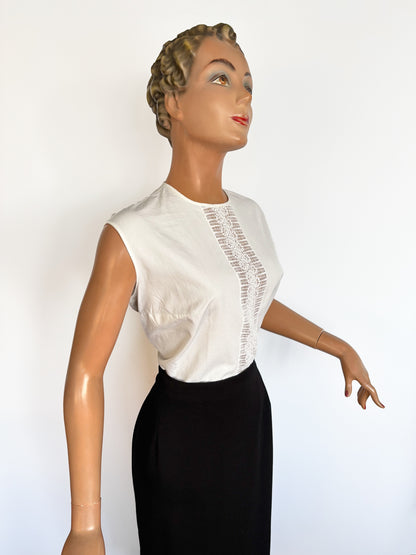 1950s/60s Schuco White Cotton Openwork Blouse | XL/XXL