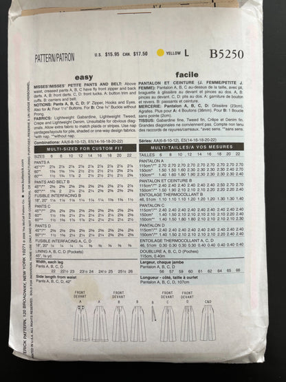 Butterick B5250 Sewing Pattern Misses & Petite Easy Pants Slacks Belt Easy - Size 14-22