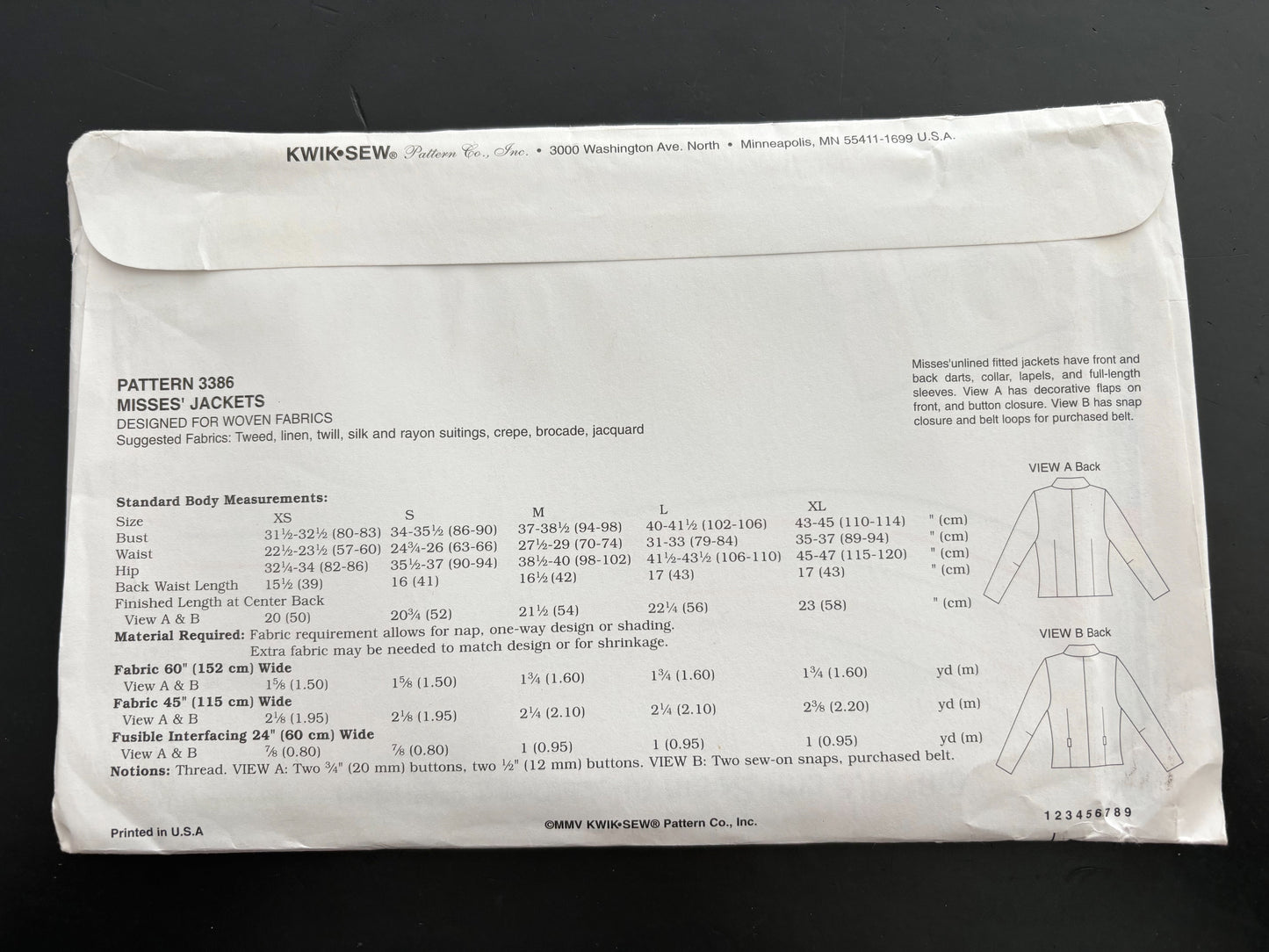 Kwik Sew 3386 Sewing Pattern Misses Jackets  - Size XS-XL