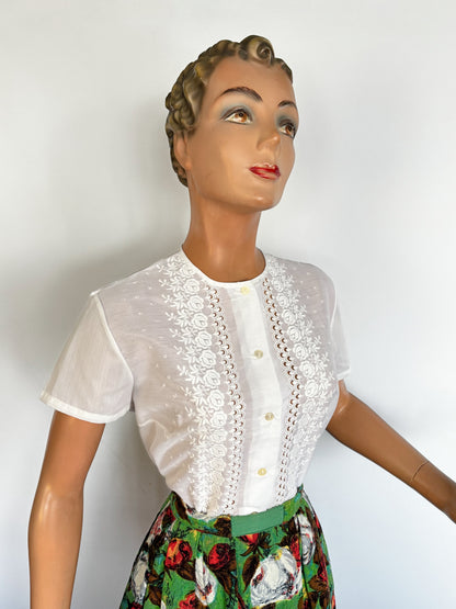 1950s White Broderie Anglaise Blouse | M