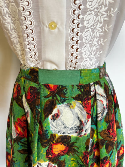 1950s Barkcloth Roses Skirt | Small