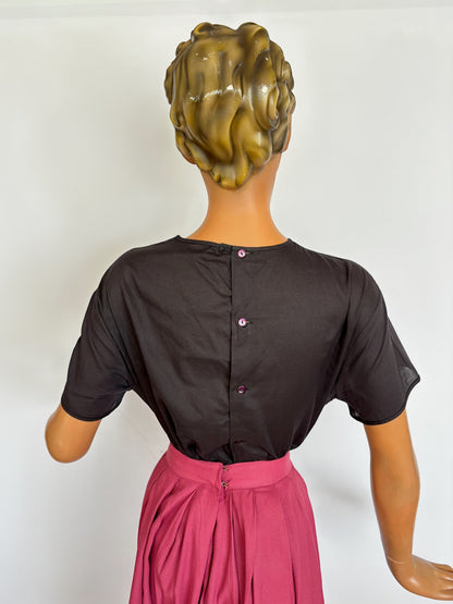 1950s/60s Black Cotton Broderie Anglaise Blouse | L