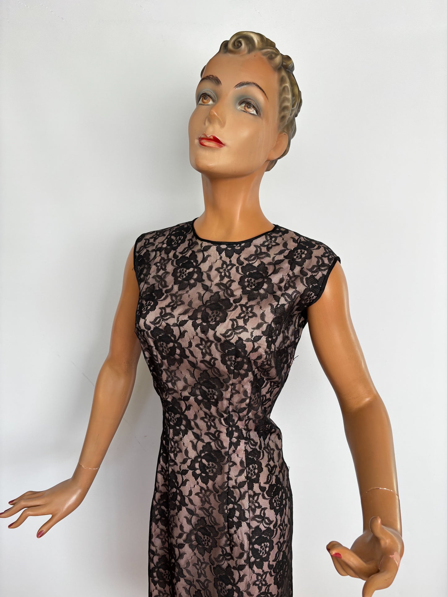 1950s/60 Satin and Lace Sheath Dress | S