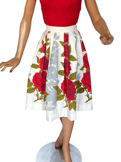 1950s Poplin Cotton Red Roses Skirt | XS