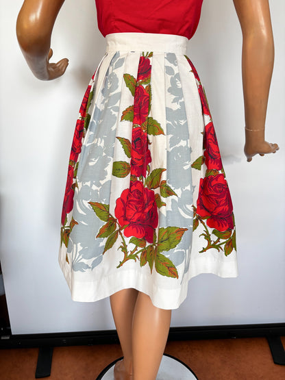 1950s Poplin Cotton Red Roses Skirt | XS