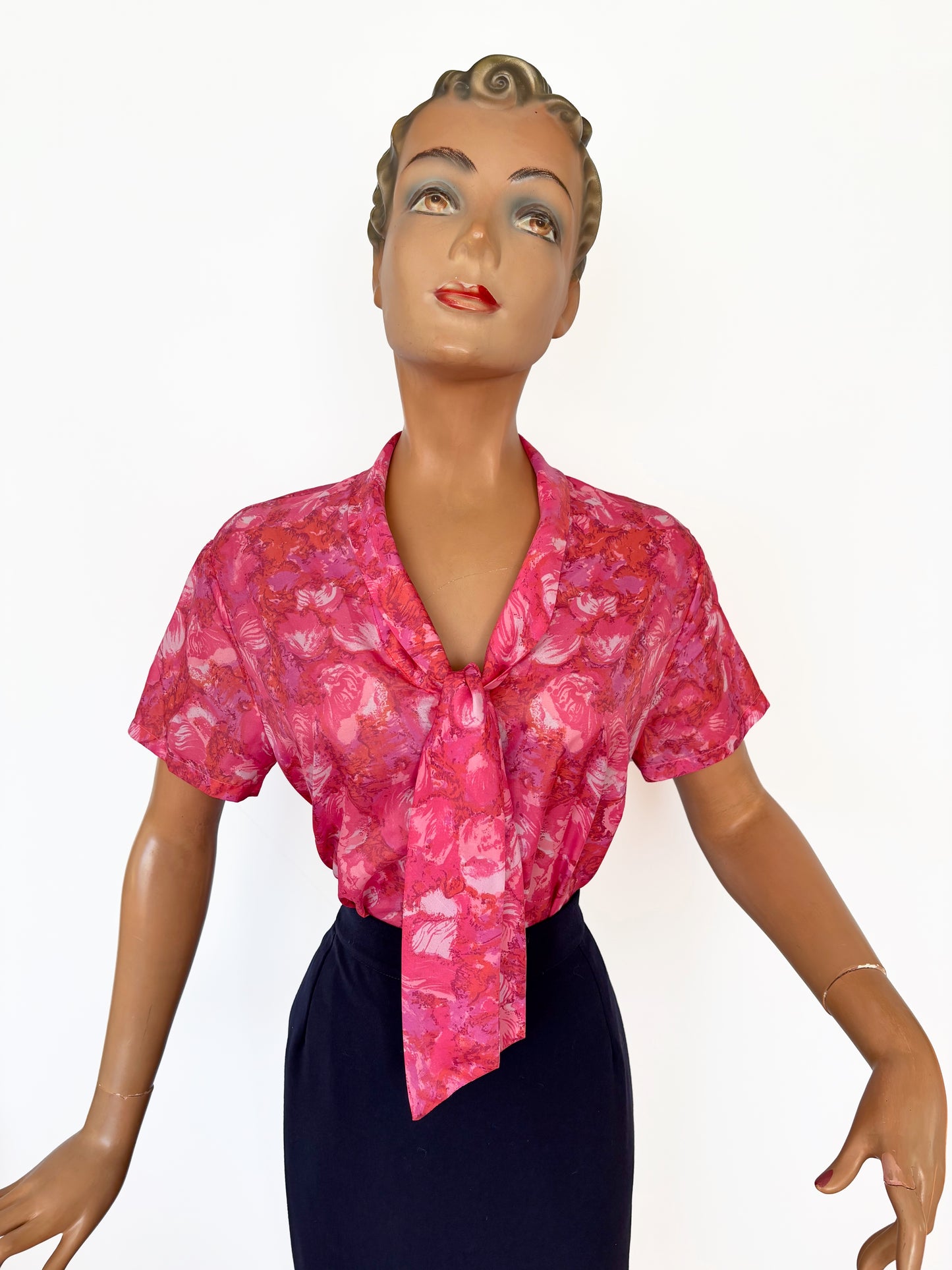 1960s Pink Pussy Bow Blouse | L/XL