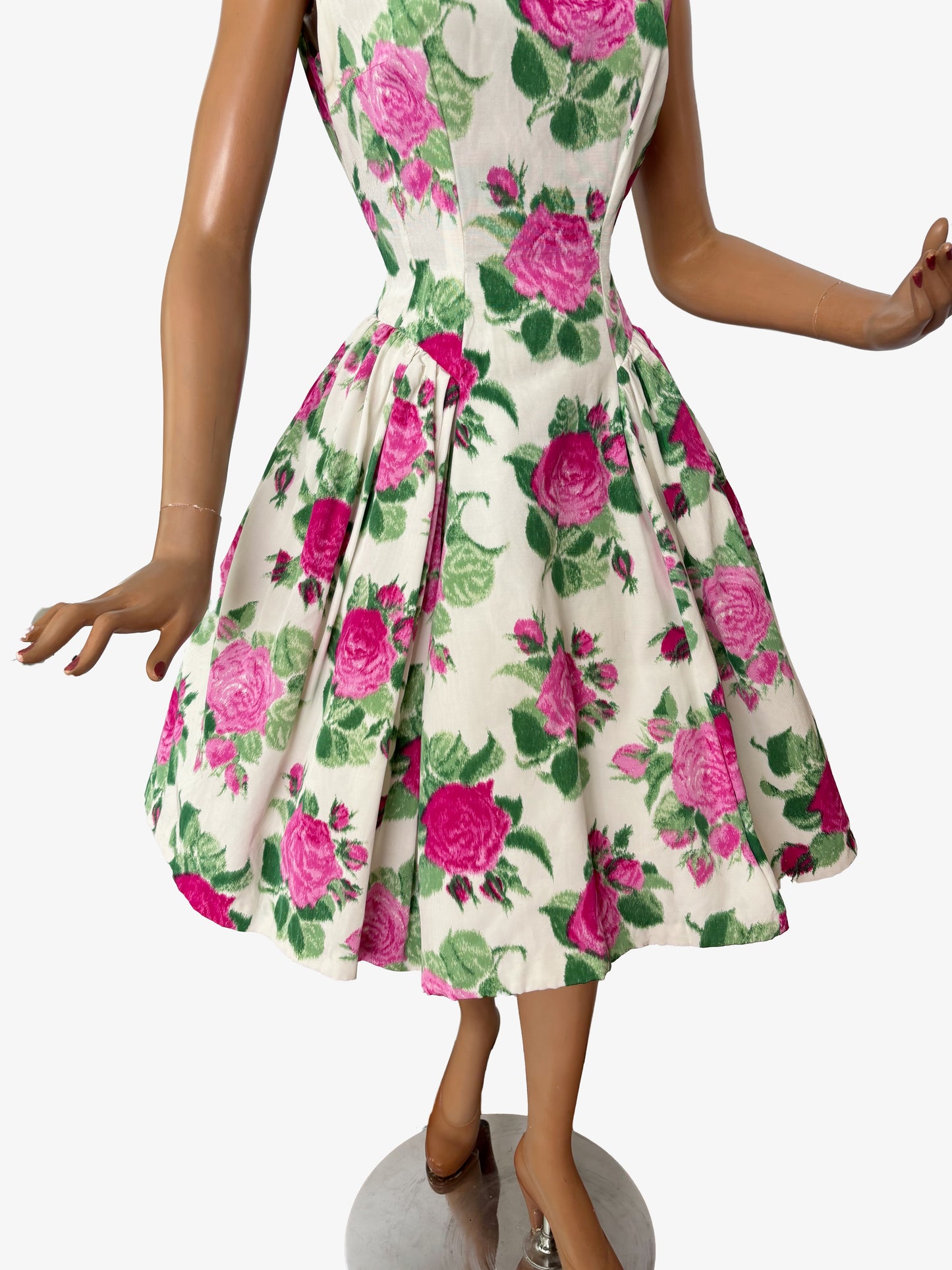 1950s Pink Roses Taffeta Dress | XS/S