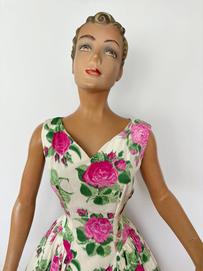 1950s Pink Roses Taffeta Dress | XS/S