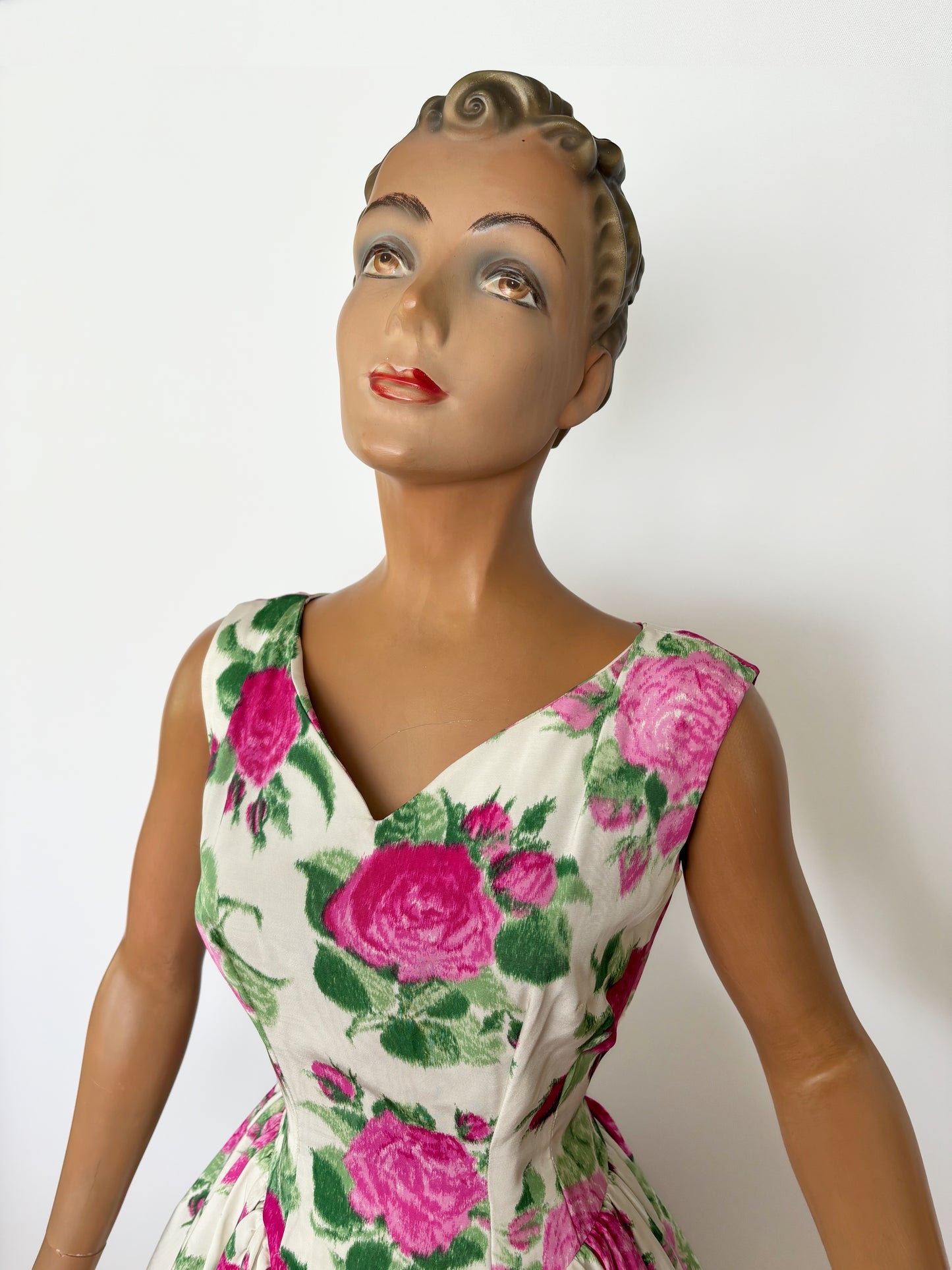 1950s Pink Roses Taffeta Dress | XS/S