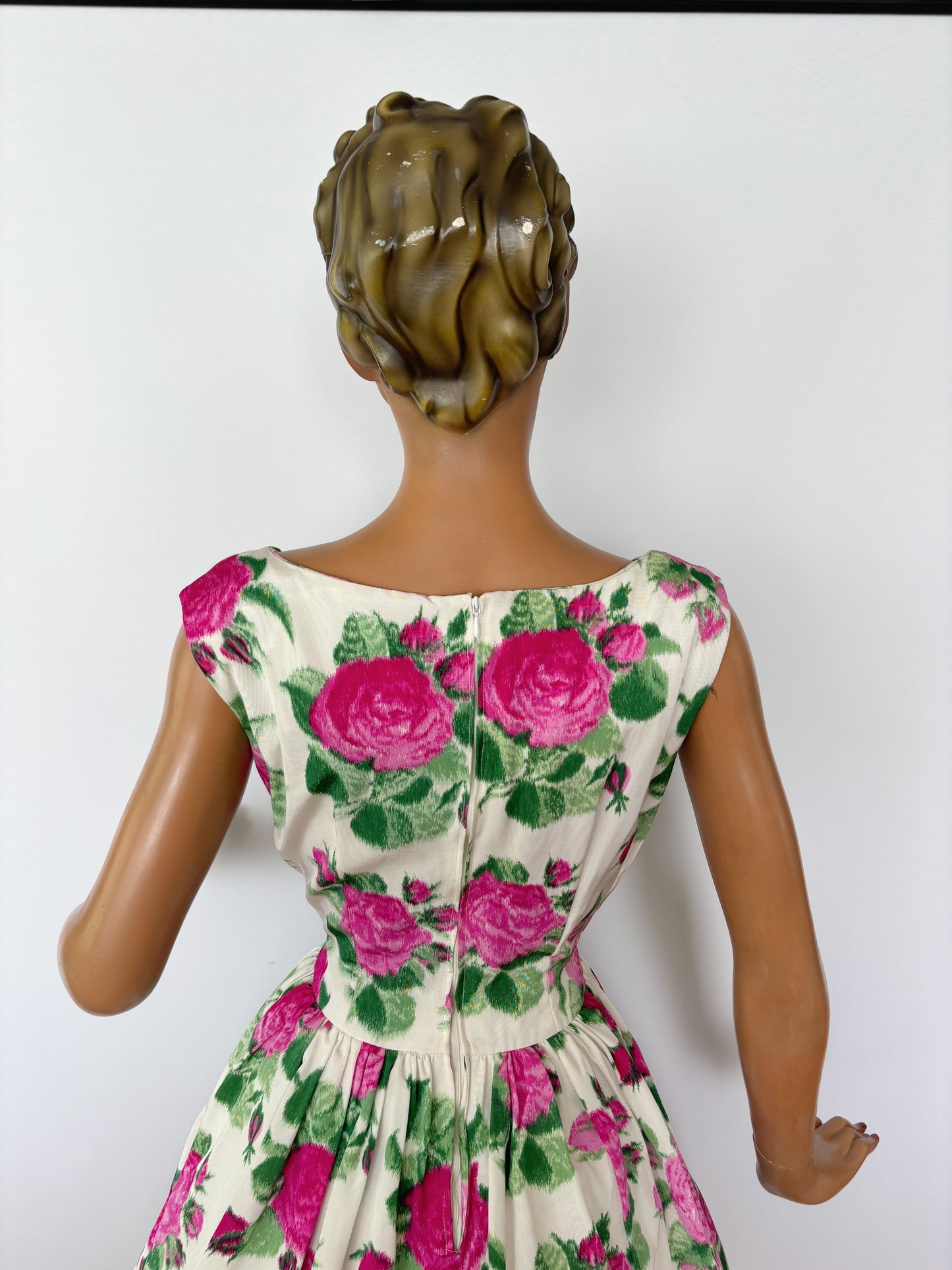 1950s Pink Roses Taffeta Dress | XS/S