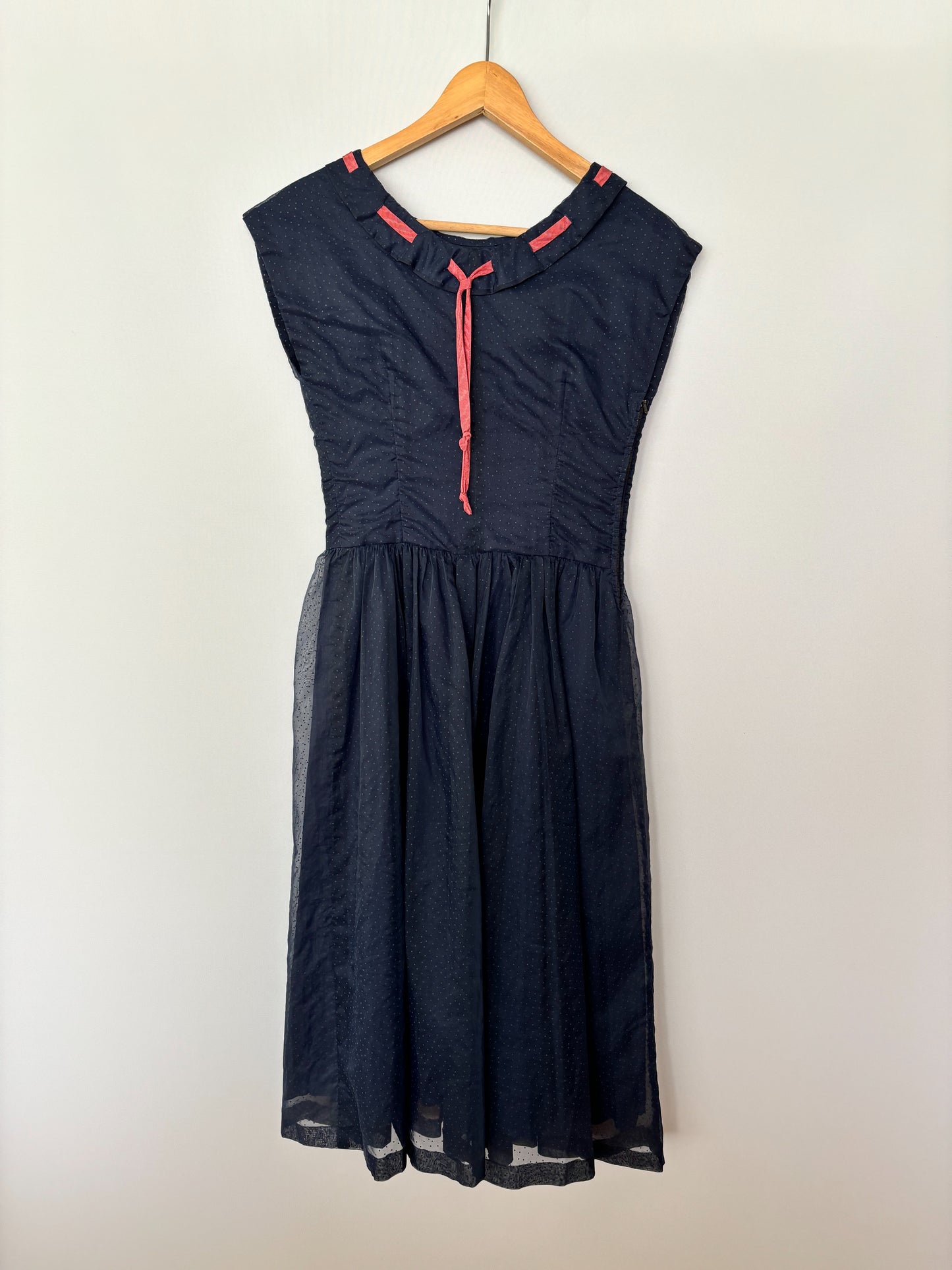 1950s Dark Blue Chiffon Polkadot Dress | XXS/XS