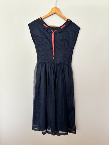 1950s Dark Blue Chiffon Polkadot Dress | XXS/XS