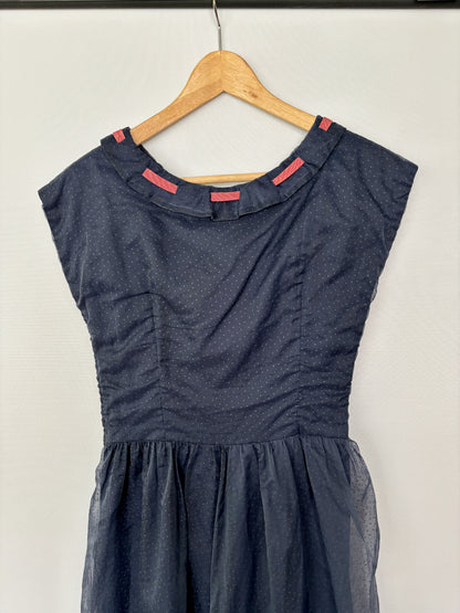 1950s Dark Blue Chiffon Polkadot Dress | XXS/XS