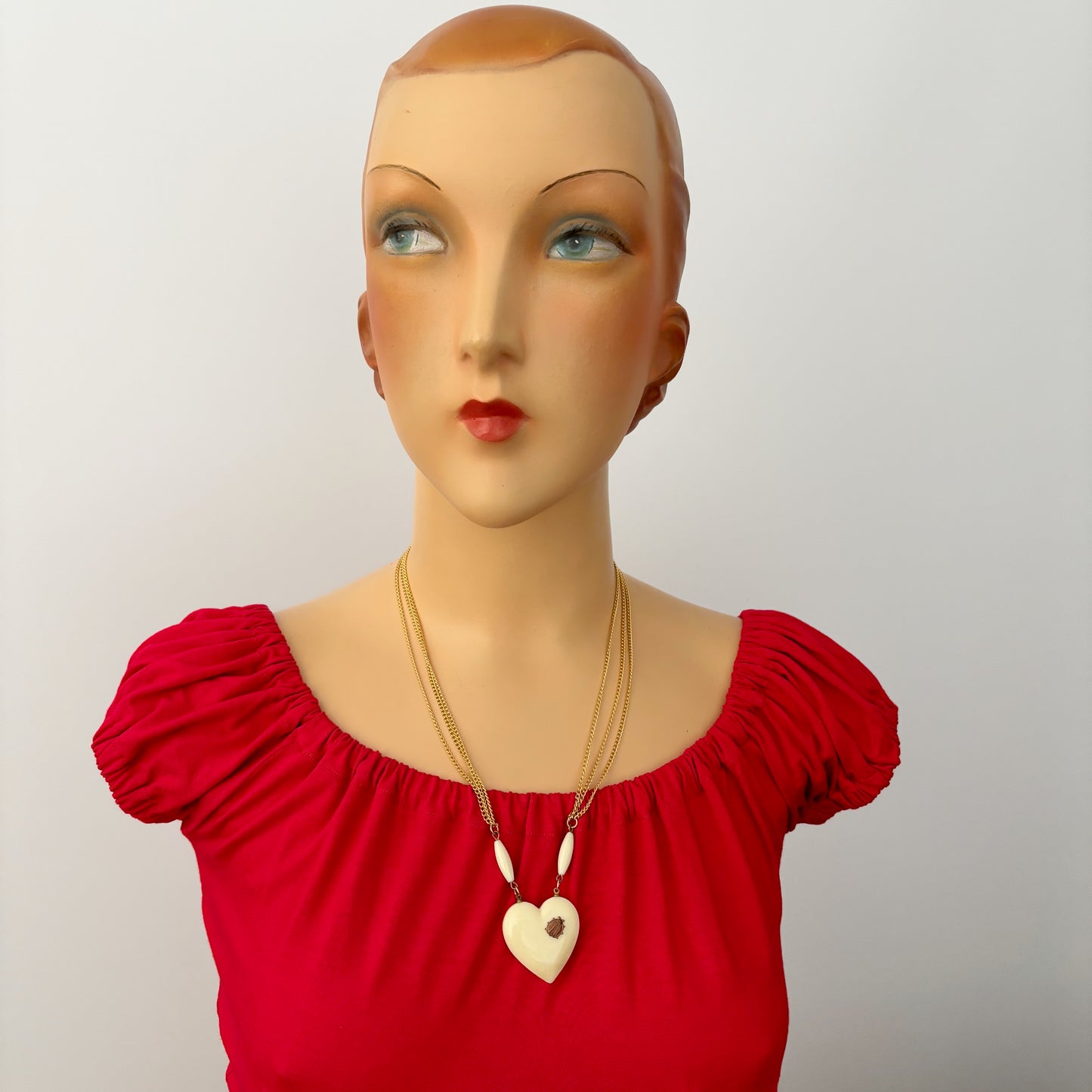 Mid Century 3 Strand Link Necklace with Heart and Ladybug Pendant