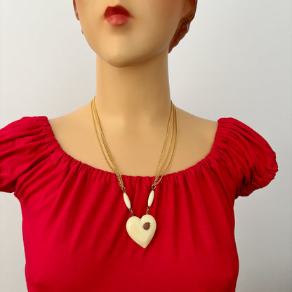 Mid Century 3 Strand Link Necklace with Heart and Ladybug Pendant